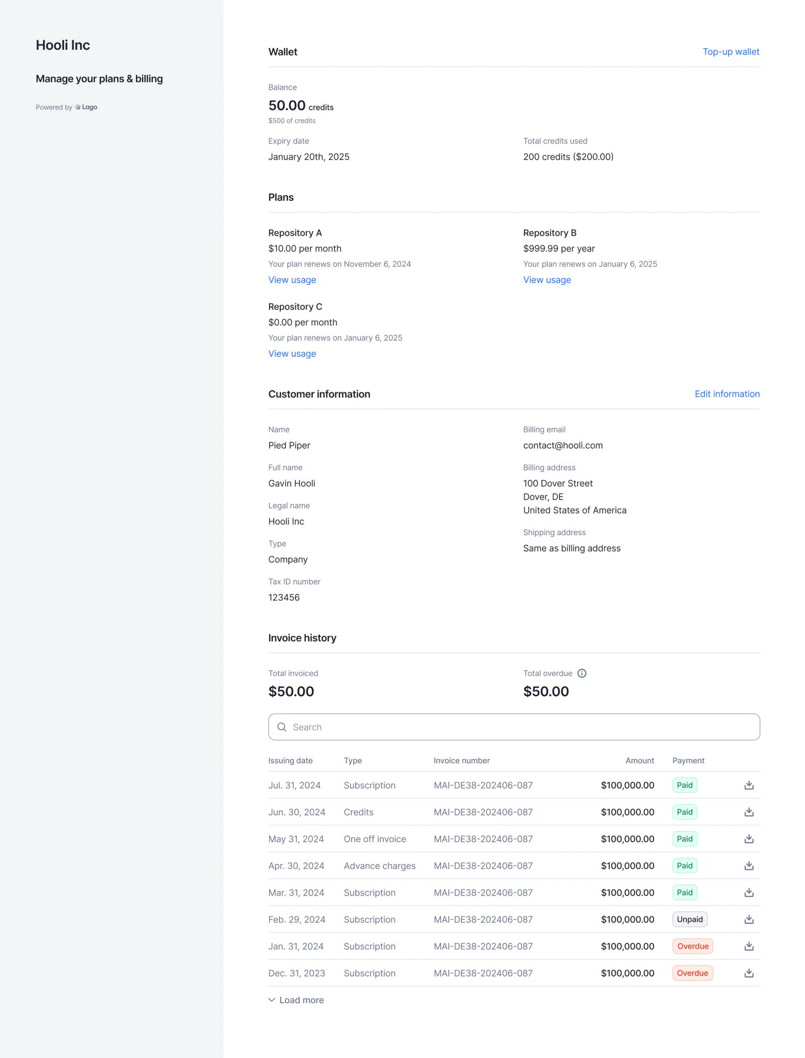 Reworked Lago customer portal showing plans and real-time usage.