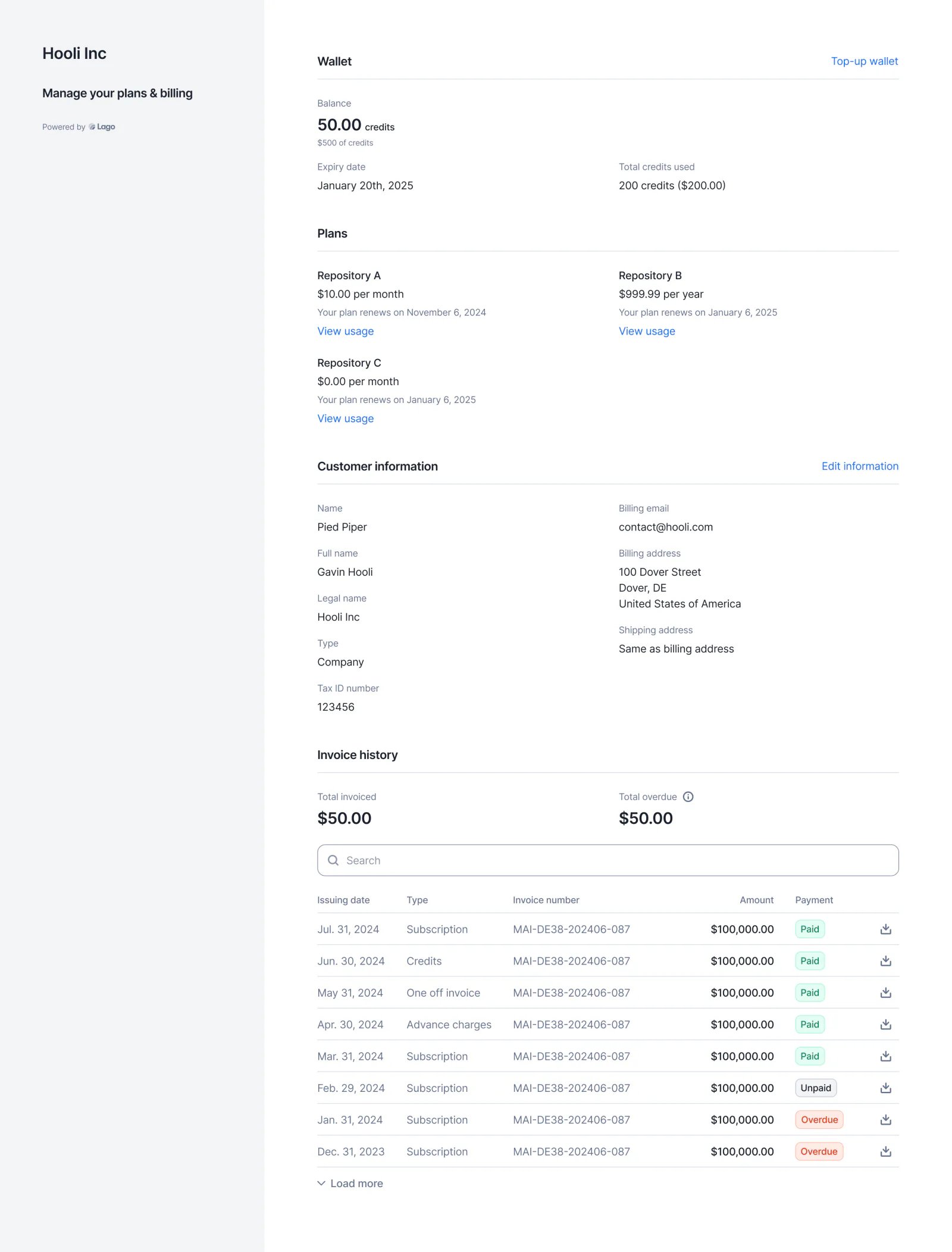 Reworked Lago customer portal showing plans and real-time usage.