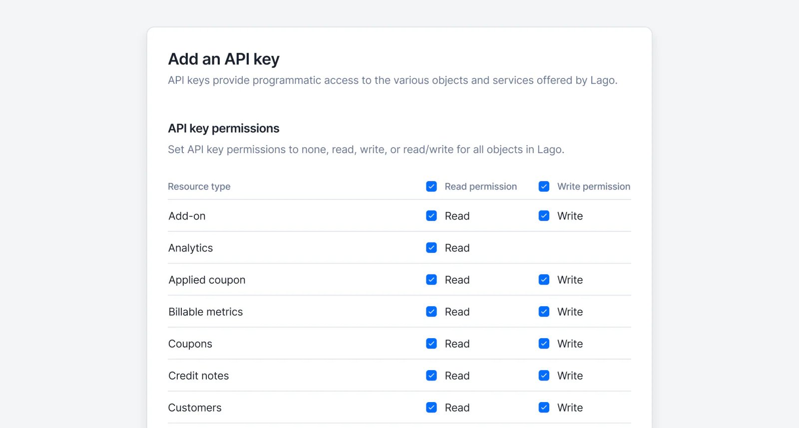 Lago API key with read and write permissions configured per resource.