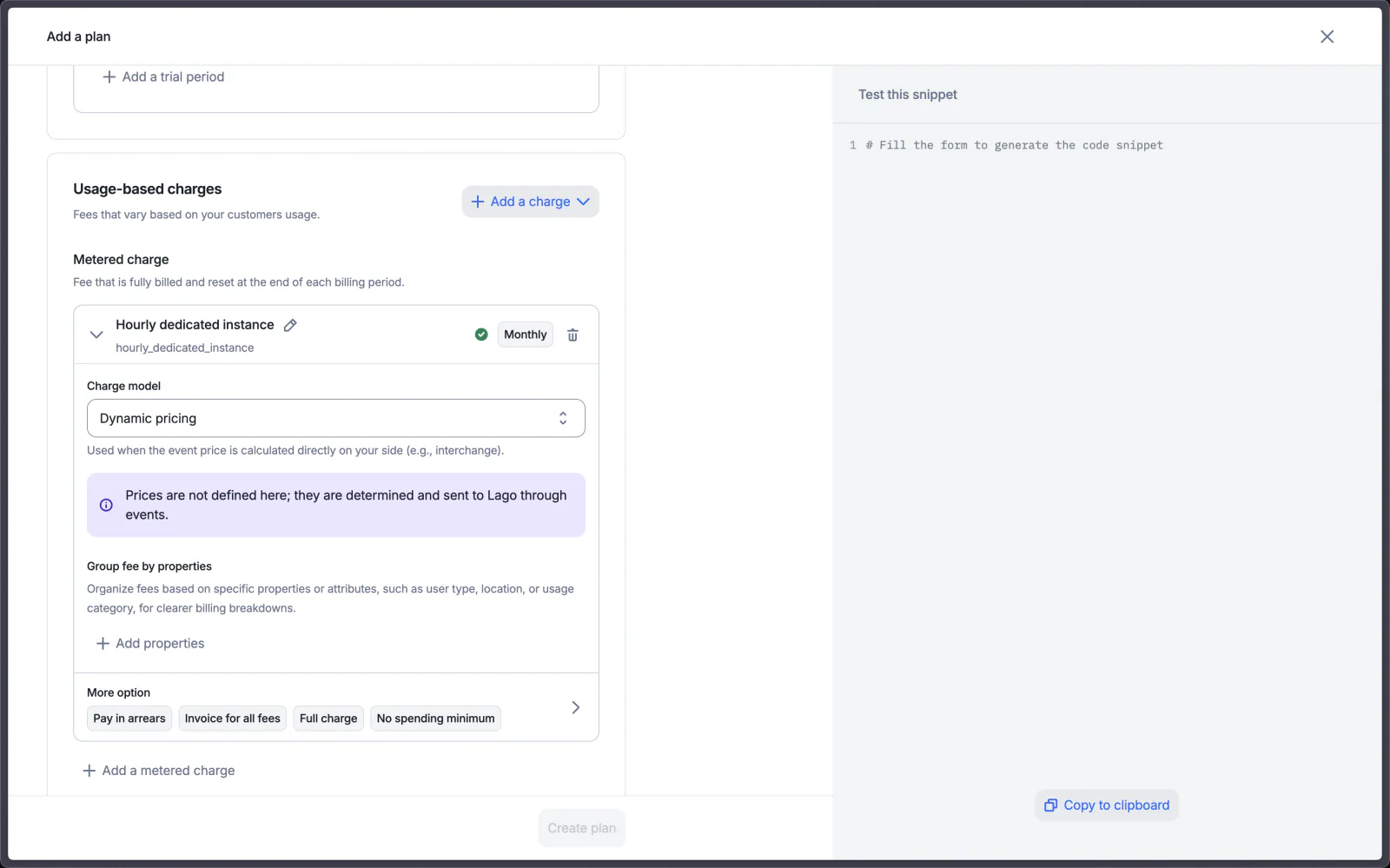 Lago charge using dynamic pricing driven by event properties.