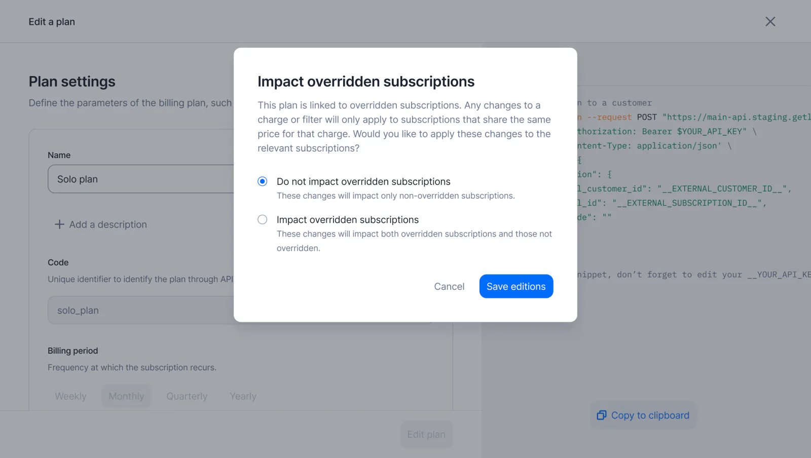 Lago plan edit cascading changes to overridden subscriptions.