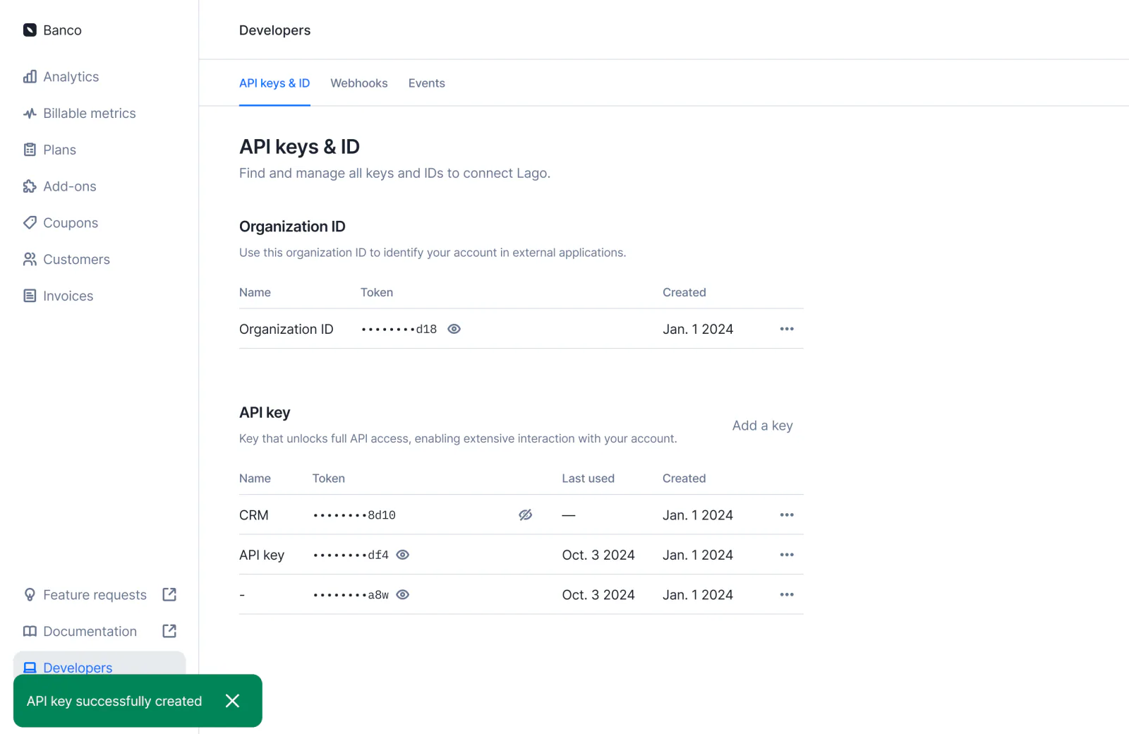 Lago developer settings creating a new API key.