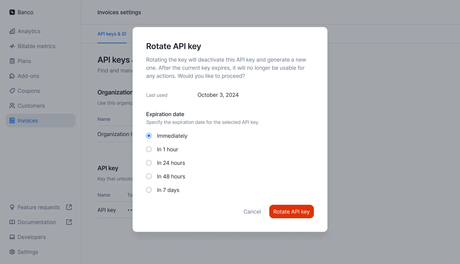 Lago API key with a scheduled rotation date.