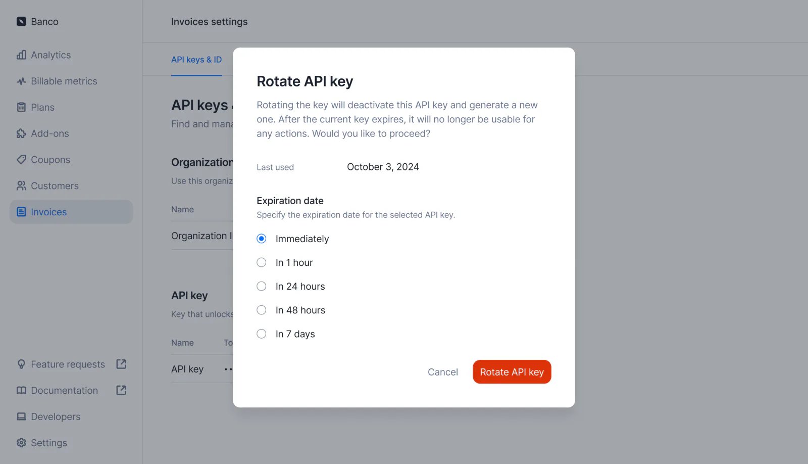 Lago API key with a scheduled rotation date.