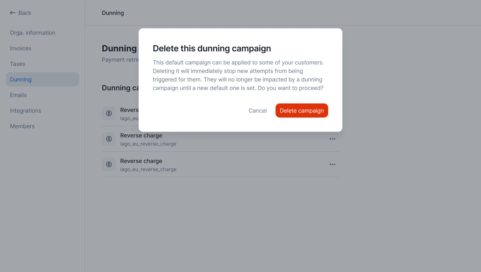 Lago dunning campaign being edited to change thresholds and retry attempts.
