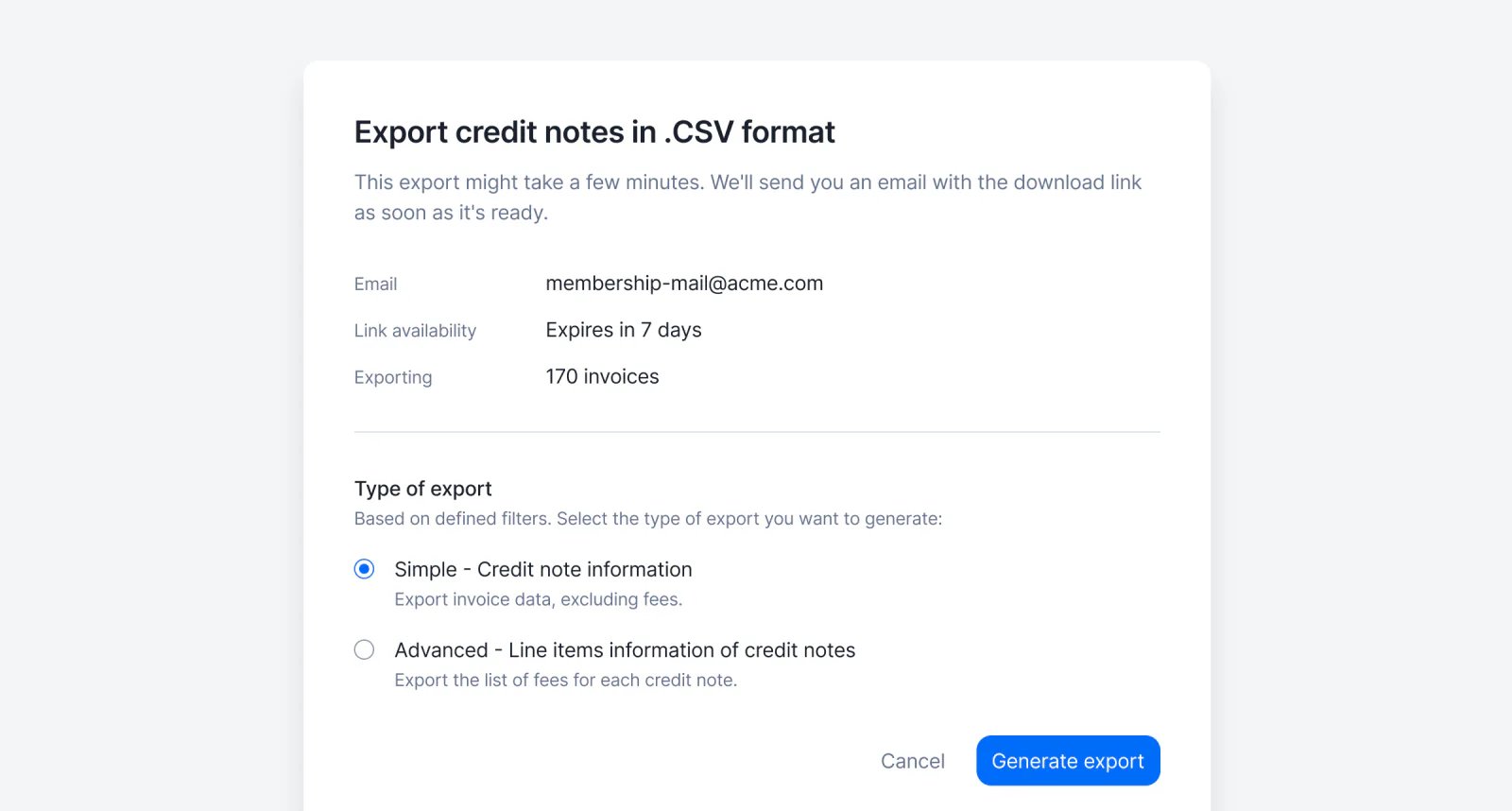 Lago credit note list filtered and ready to export.