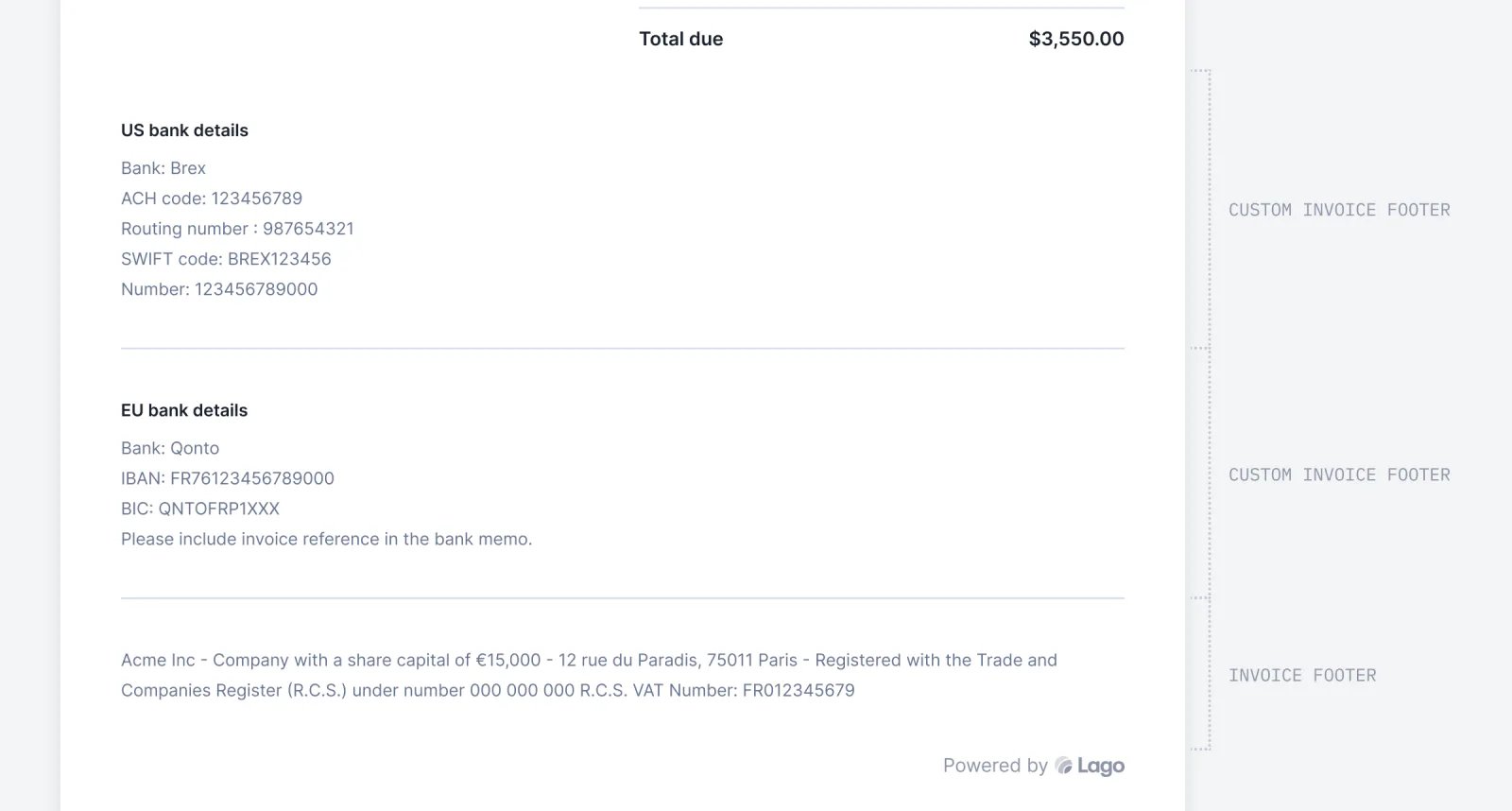 Lago invoice with a custom section showing bank details.