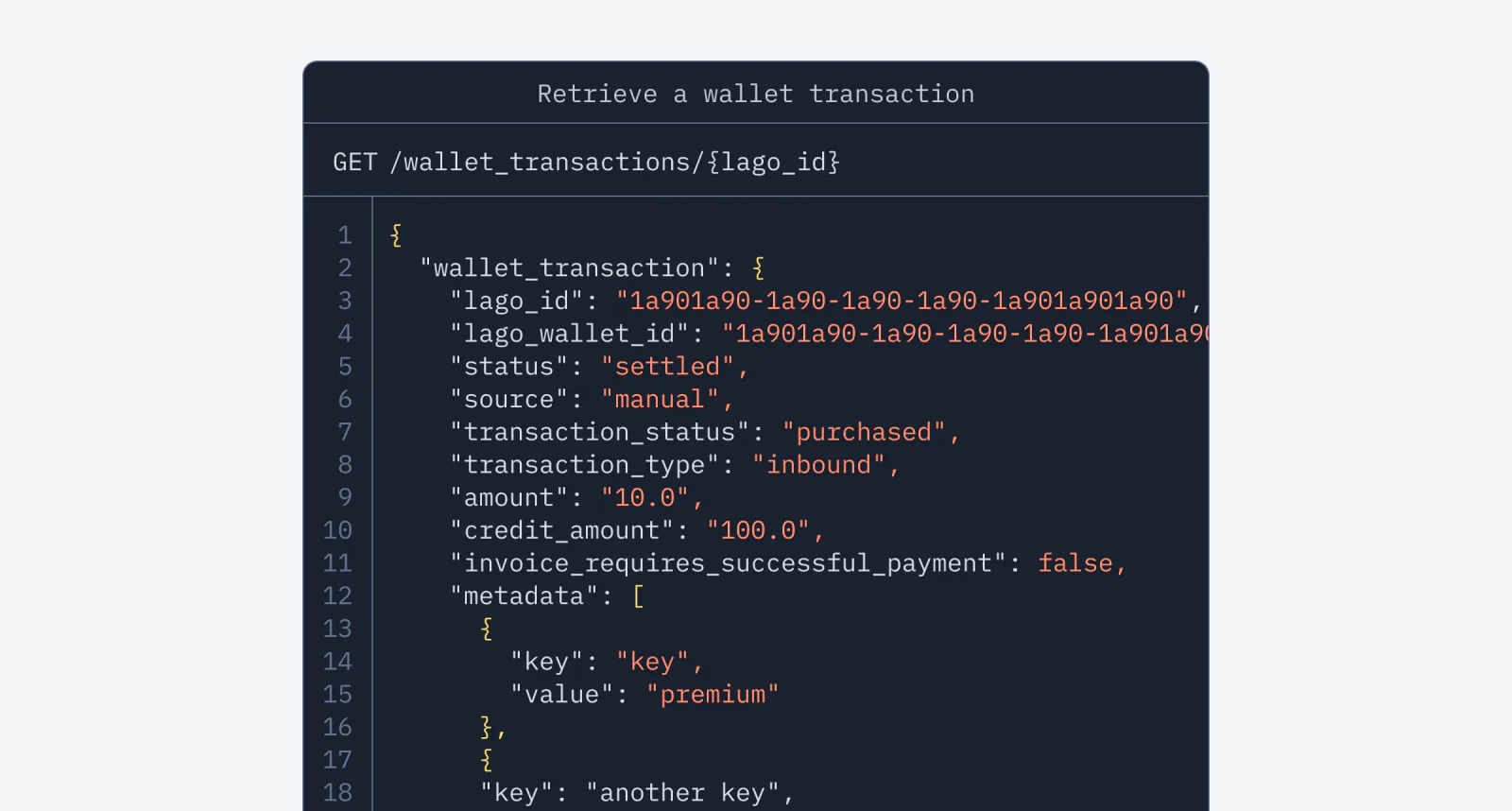 Lago API response retrieving a single wallet transaction.