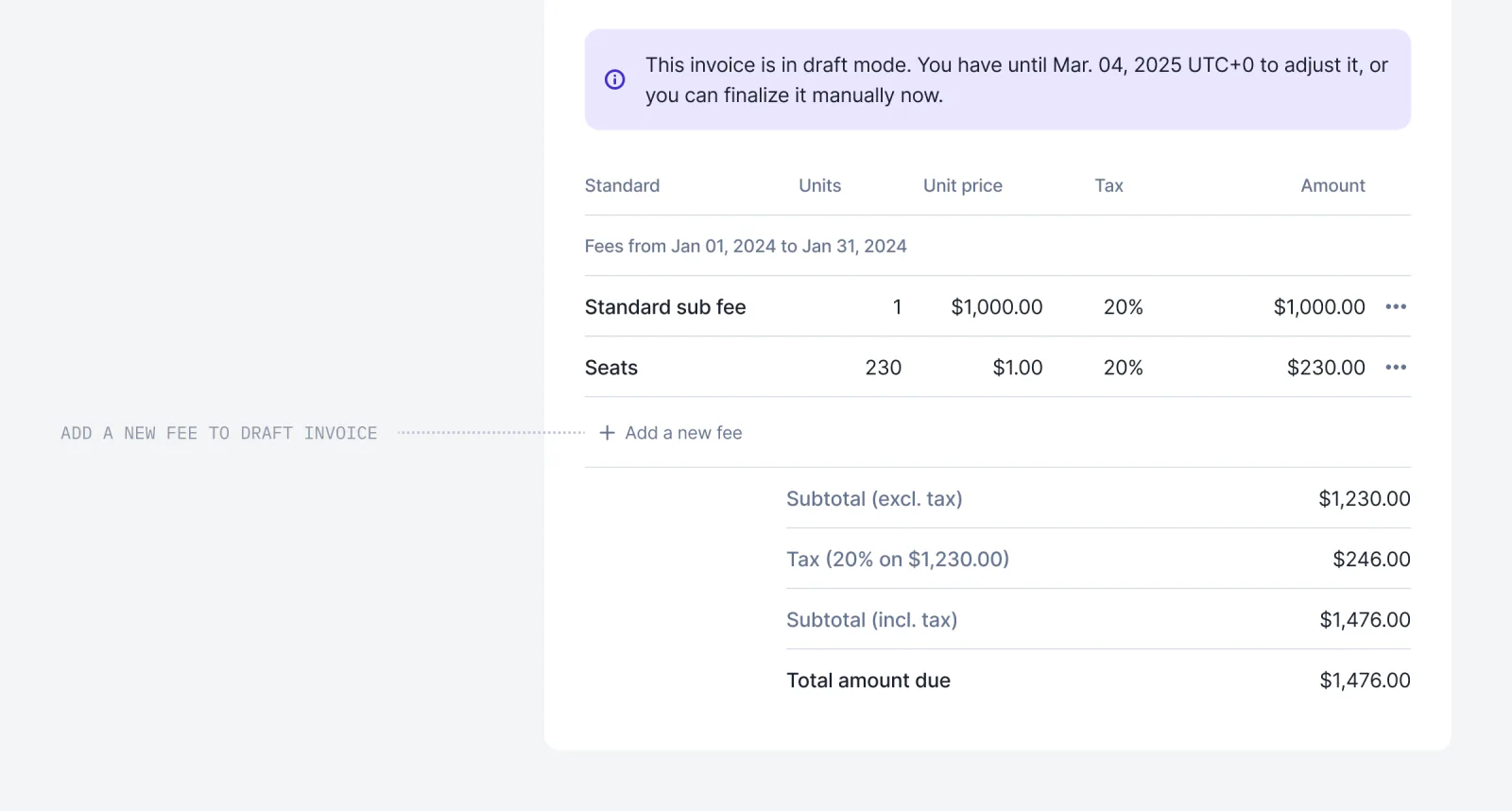 Lago draft invoice with a fee added manually.