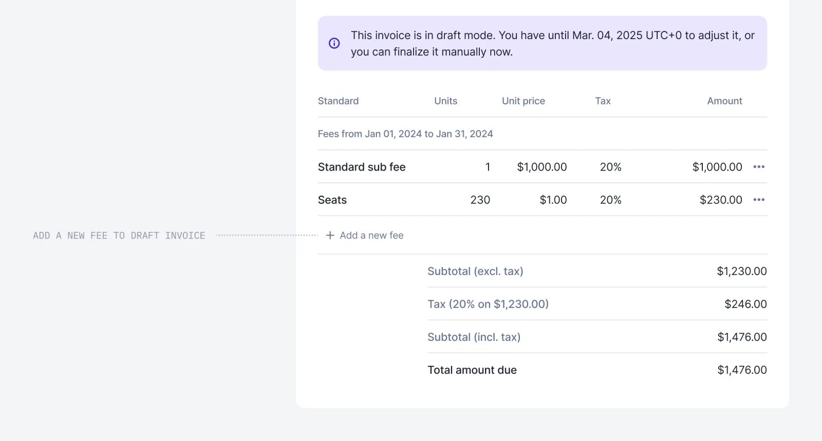 Lago draft invoice with a fee added manually.