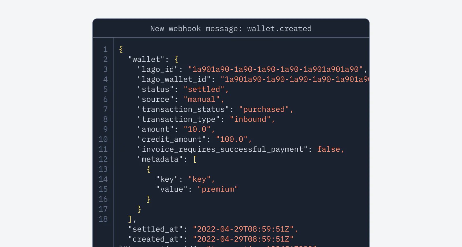Lago webhook messages for wallet created, updated, and terminated events.