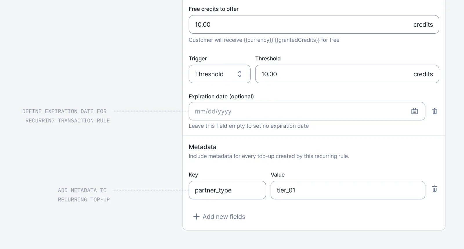 Lago wallet recurring transaction rule with an expiration date set.