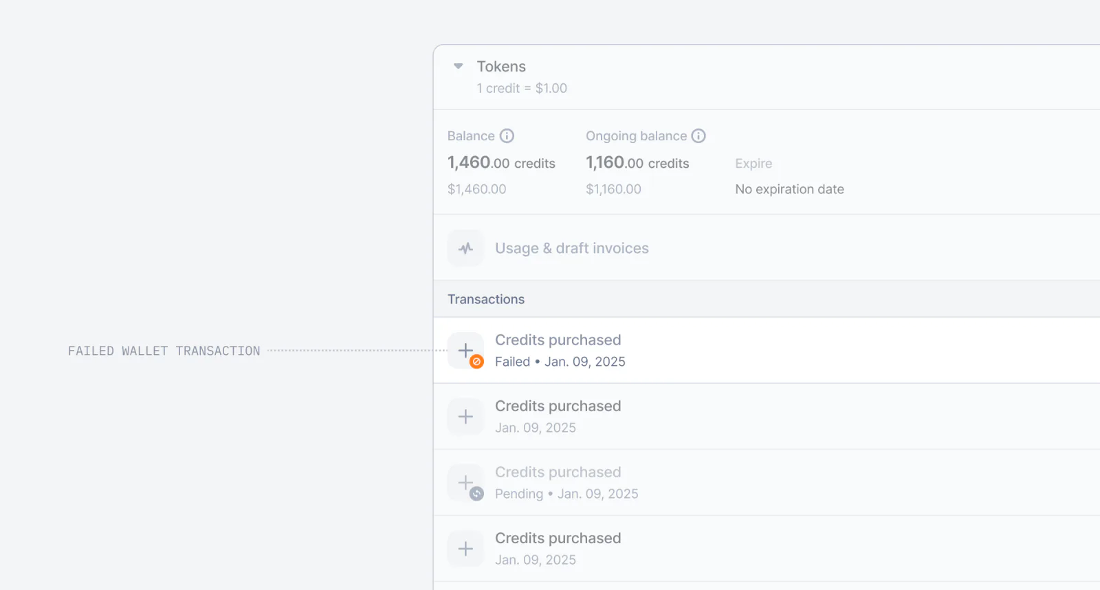 Lago wallet transaction marked as failed after an unsuccessful payment.