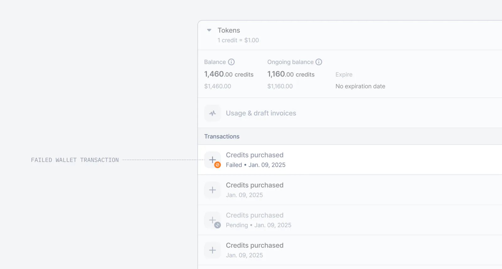 Lago wallet transaction marked as failed after an unsuccessful payment.
