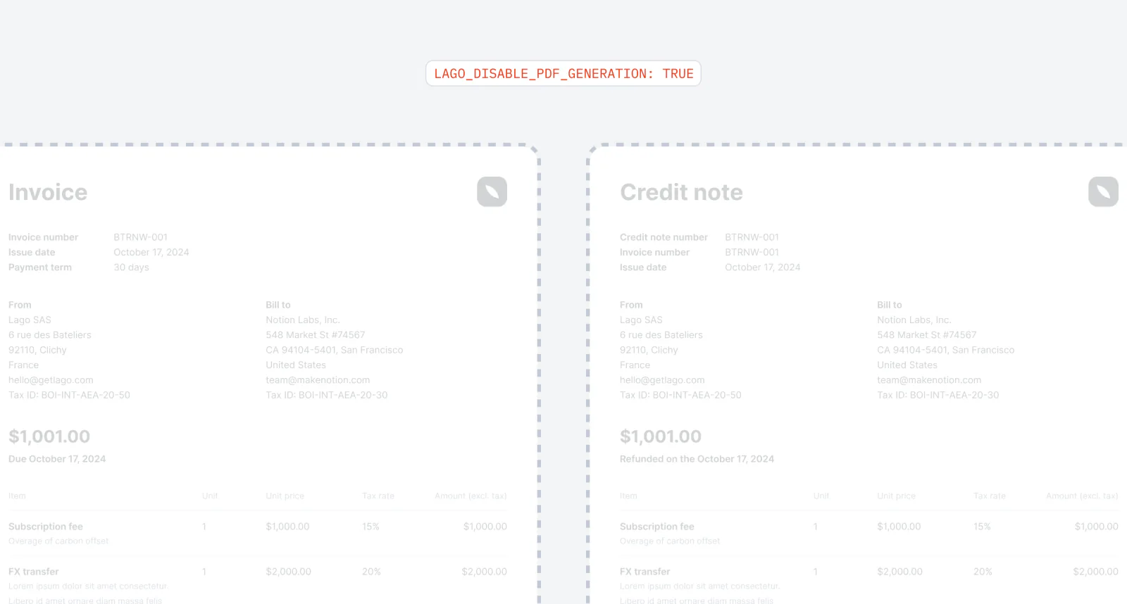 Lago configured to skip PDF generation for invoices and credit notes.