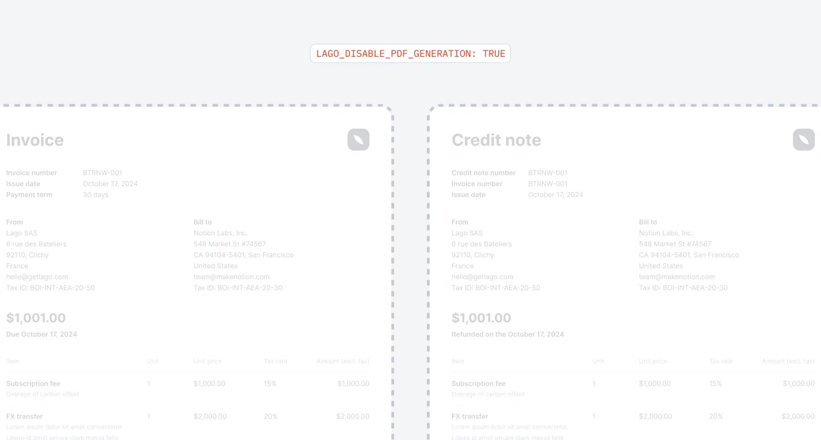 Lago configured to skip PDF generation for invoices and credit notes.