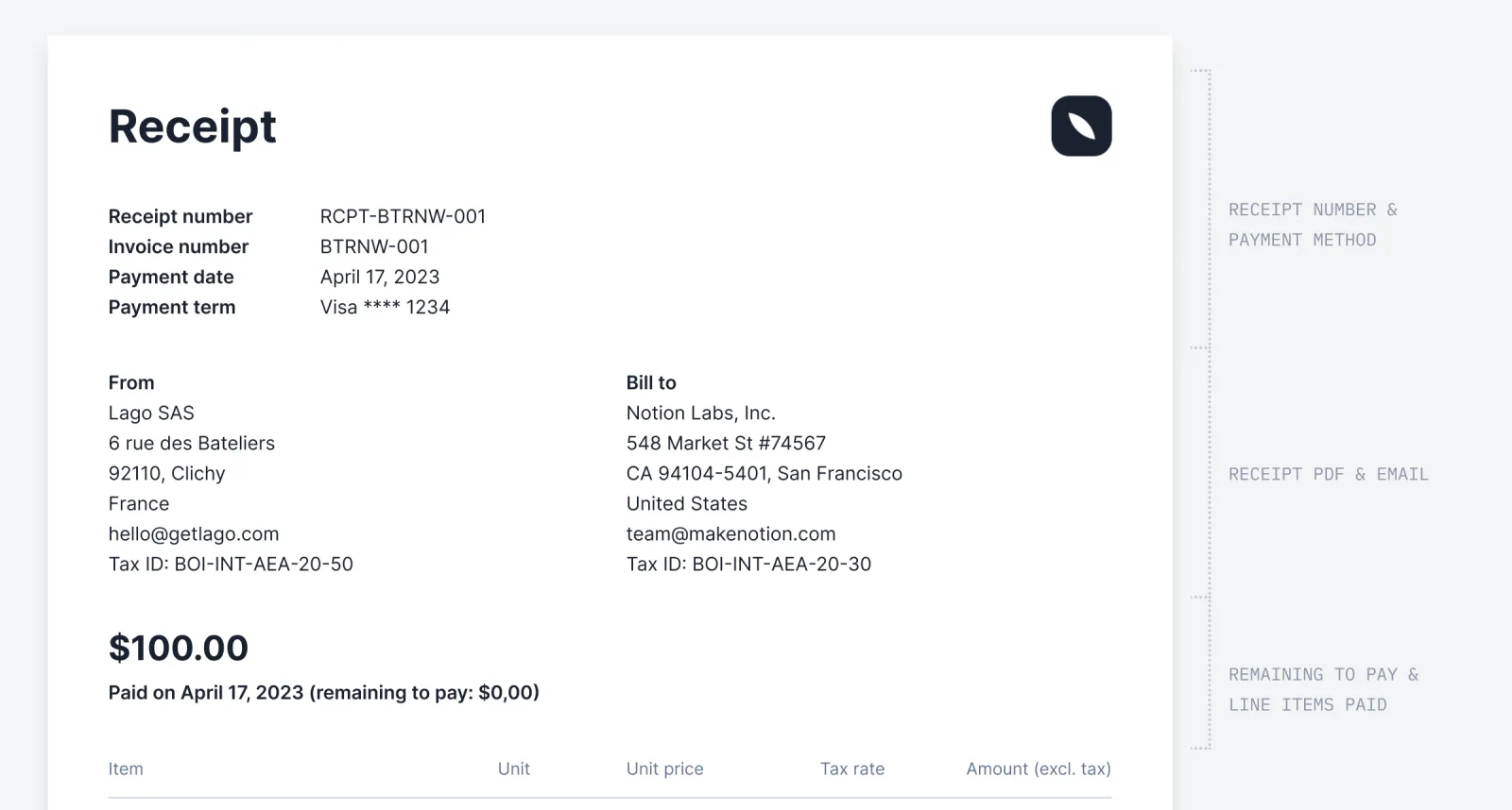 Lago payment receipt issued against a paid invoice.