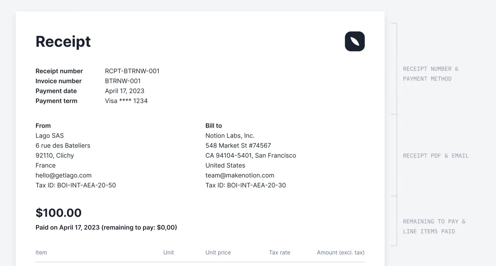 Lago payment receipt issued against a paid invoice.