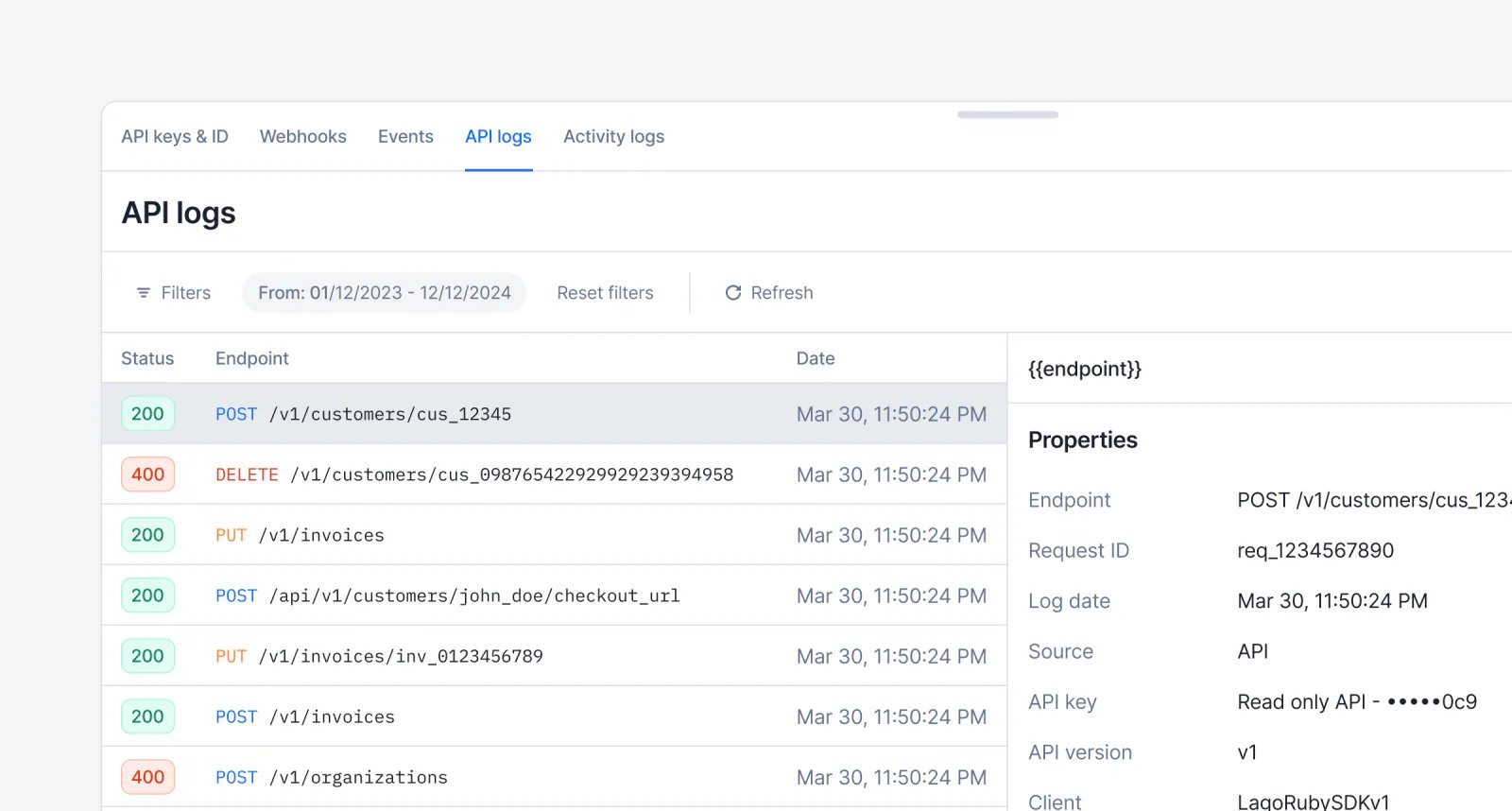 Lago API logs listing requests with endpoint, status, and client.