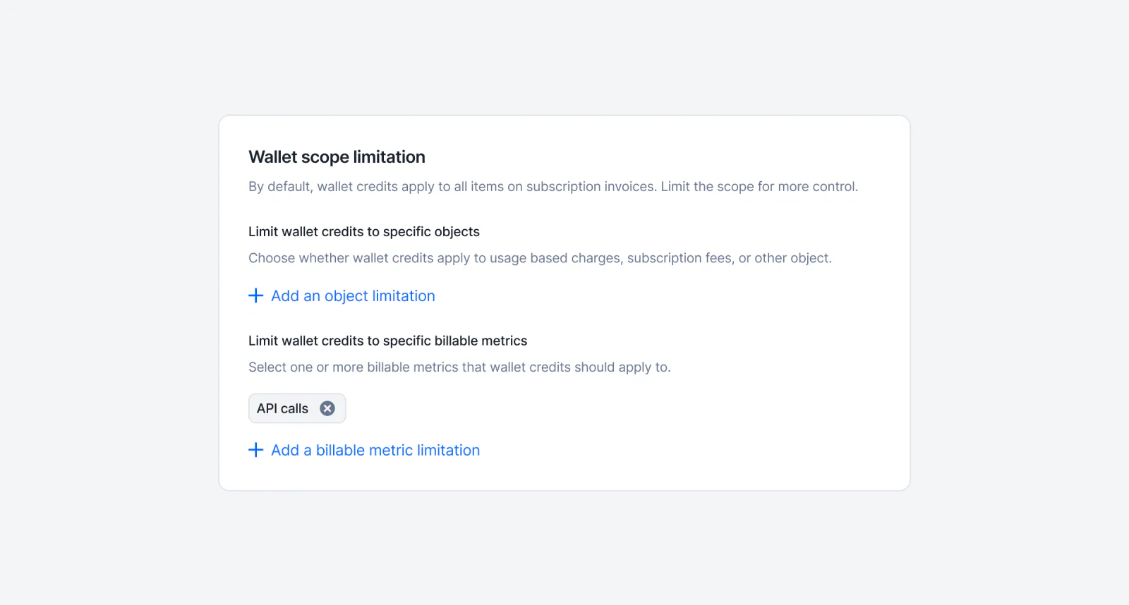 Lago wallet scoped so prepaid credits apply only to selected billable metrics.
