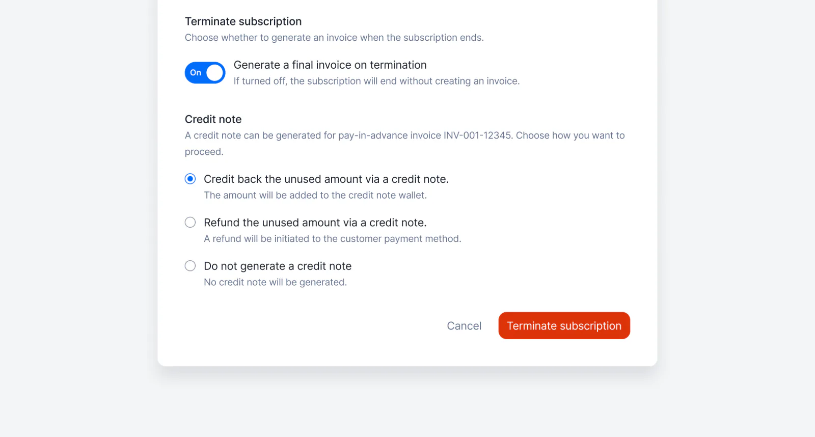 Lago subscription termination options for handling the unused prepaid amount.