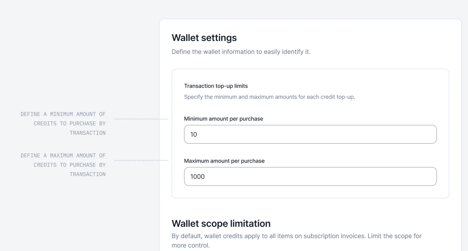 Lago wallet settings with minimum and maximum top-up amounts defined.