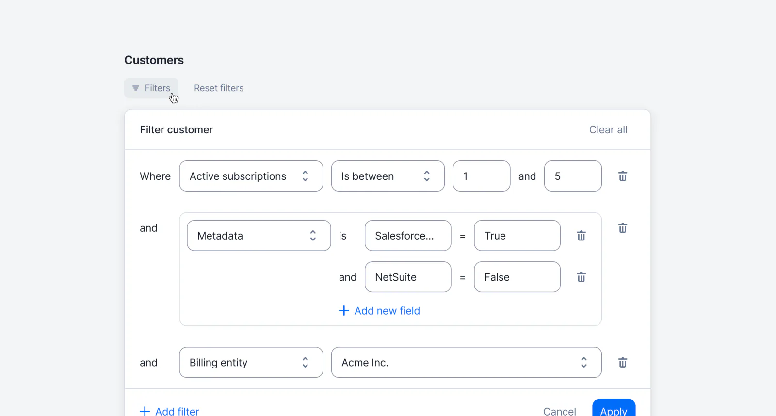 Lago customer list filtered by metadata, active subscriptions, and Tax ID.