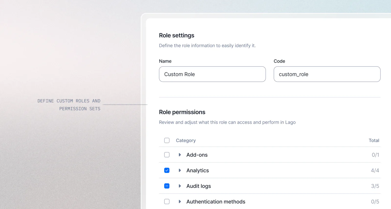 Lago custom role configuration with granular permissions selected.