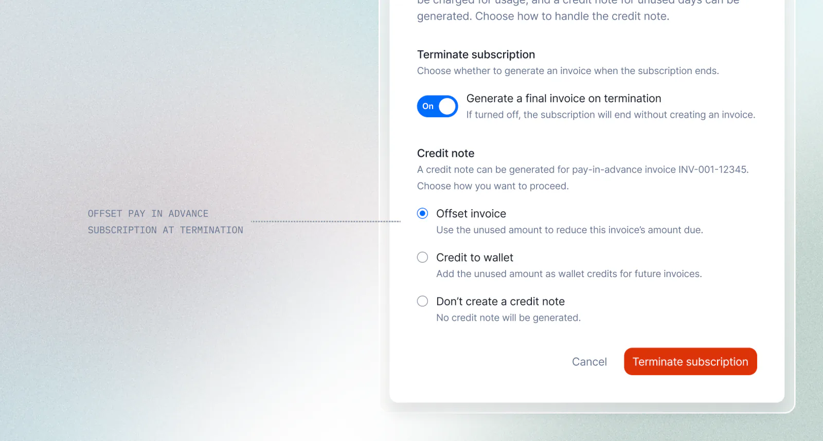 Lago subscription termination offsetting the unused amount with a credit note.