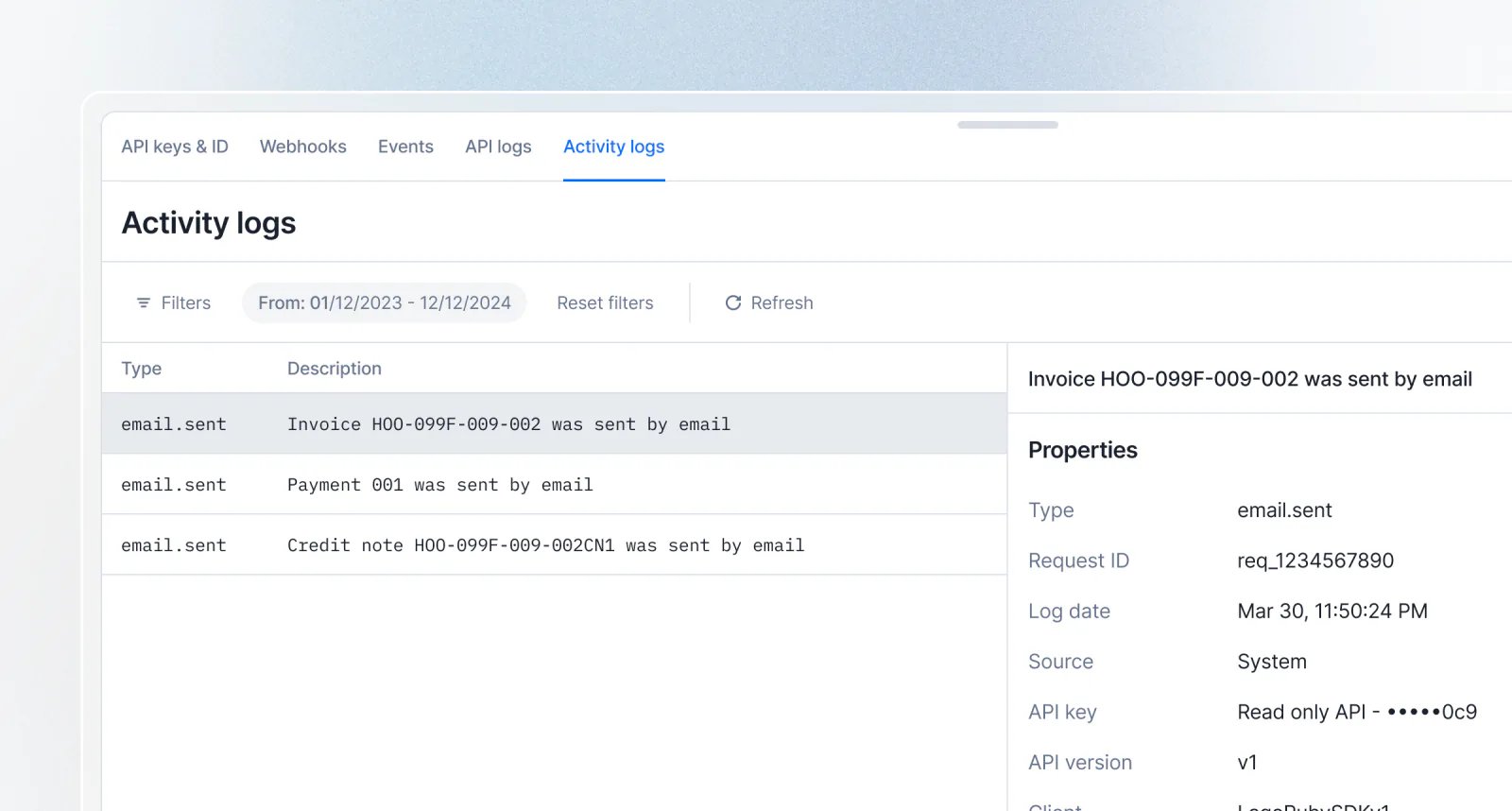 Lago audit logs showing billing emails sent for invoices, credit notes, and payments.