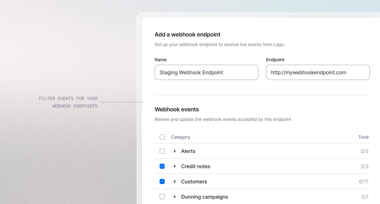 Lago webhook endpoint configured to receive only selected event types.