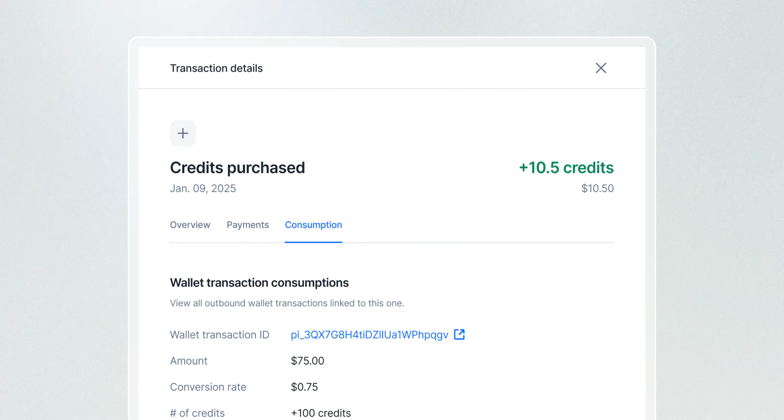 Lago wallet transaction traceability linking a top-up through to each deduction.