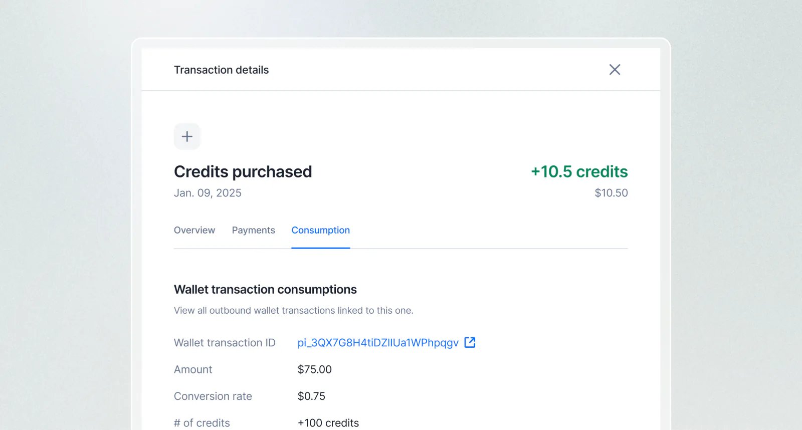 Lago wallet transaction traceability linking a top-up through to each deduction.
