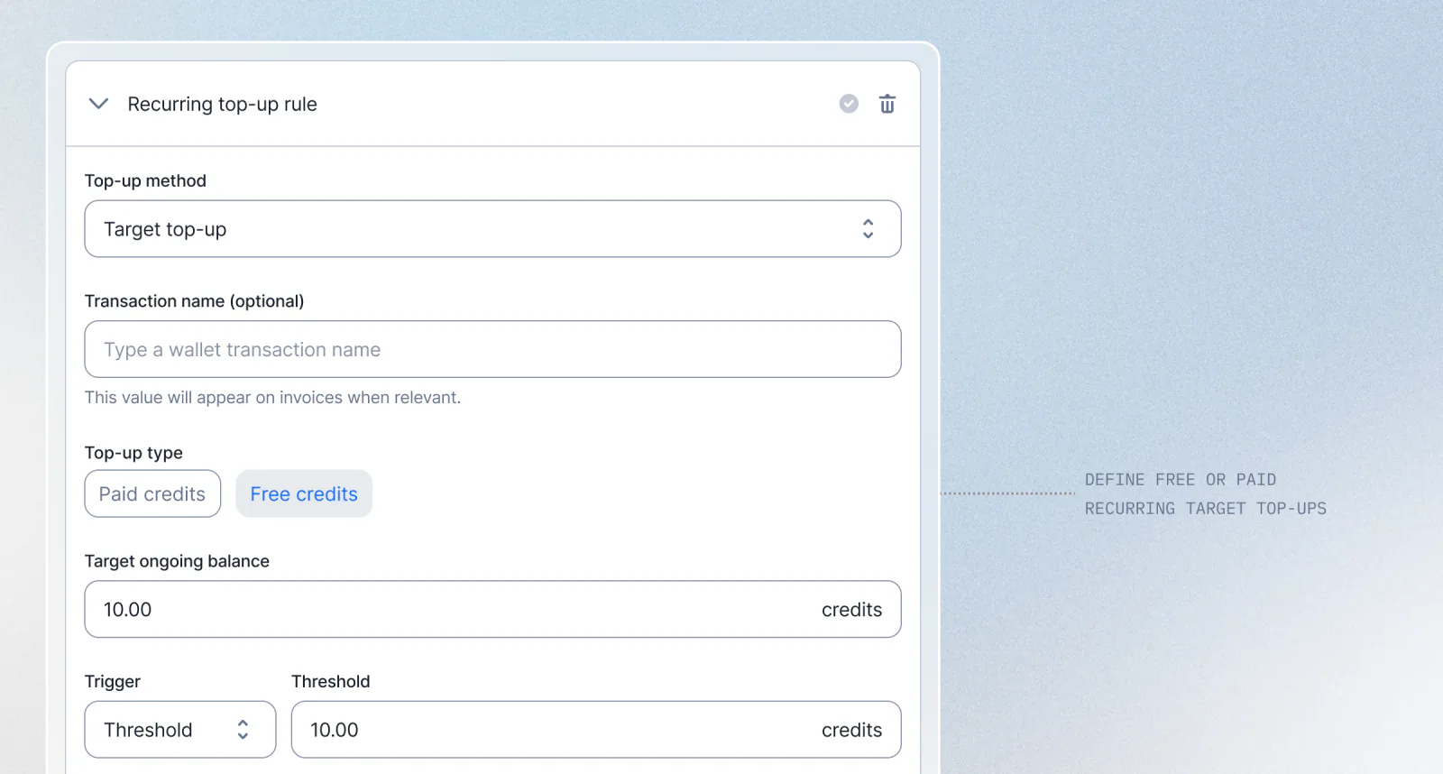 Lago recurring target top-up configured to refill a wallet with free credits.