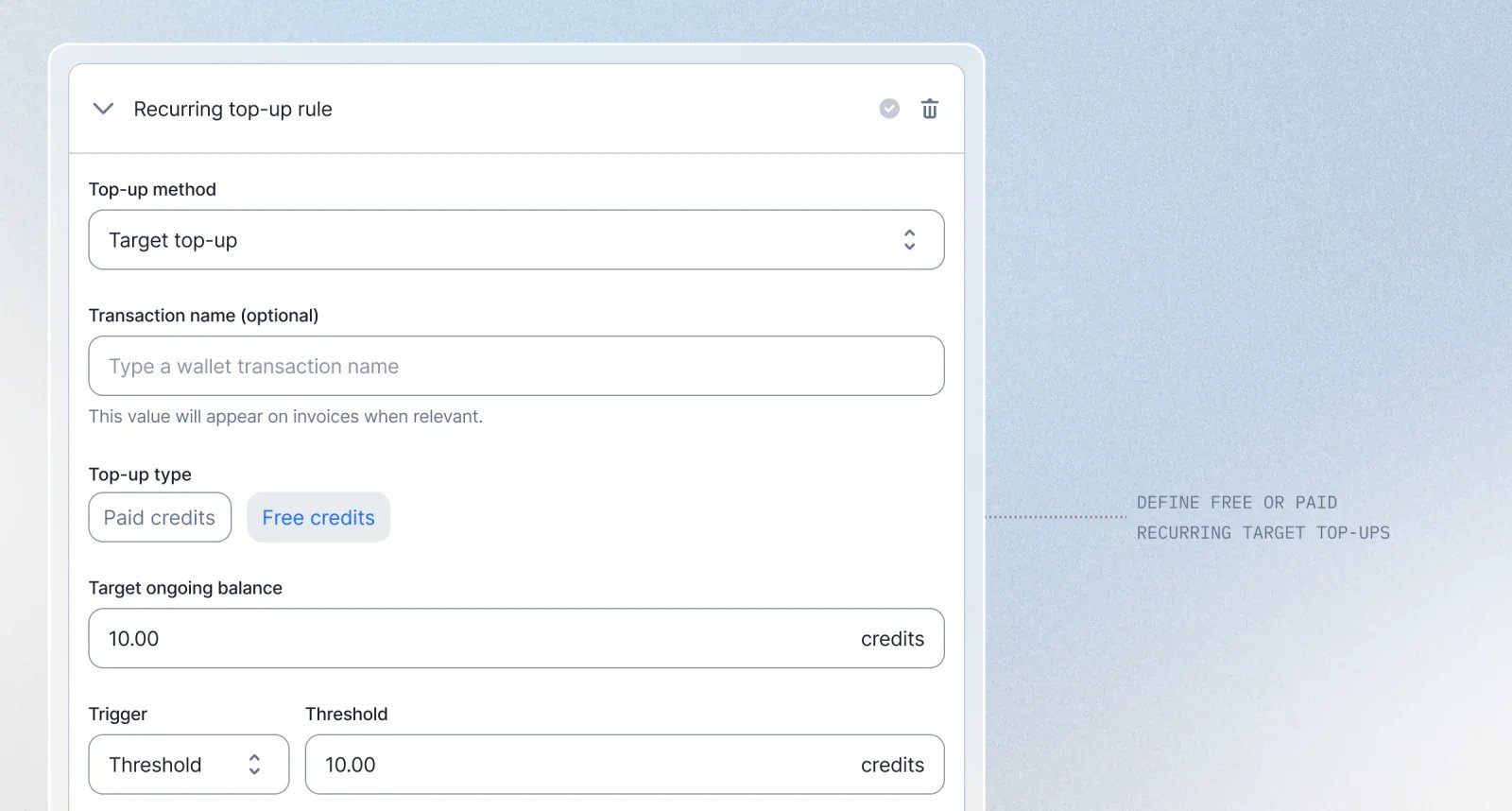 Lago recurring target top-up configured to refill a wallet with free credits.