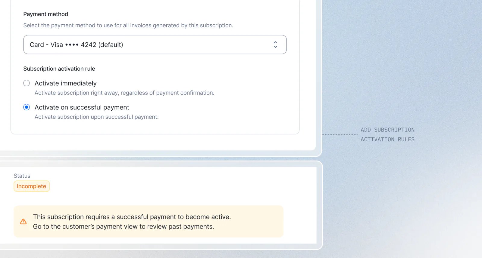 Lago activation rule holding a subscription until payment is received.