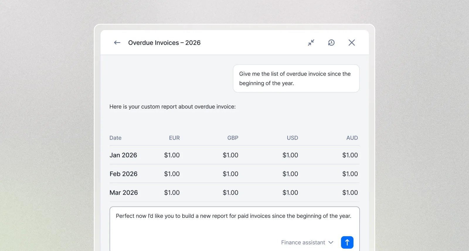 Lago AI Finance Assistant answering a billing data question and returning a generated report.