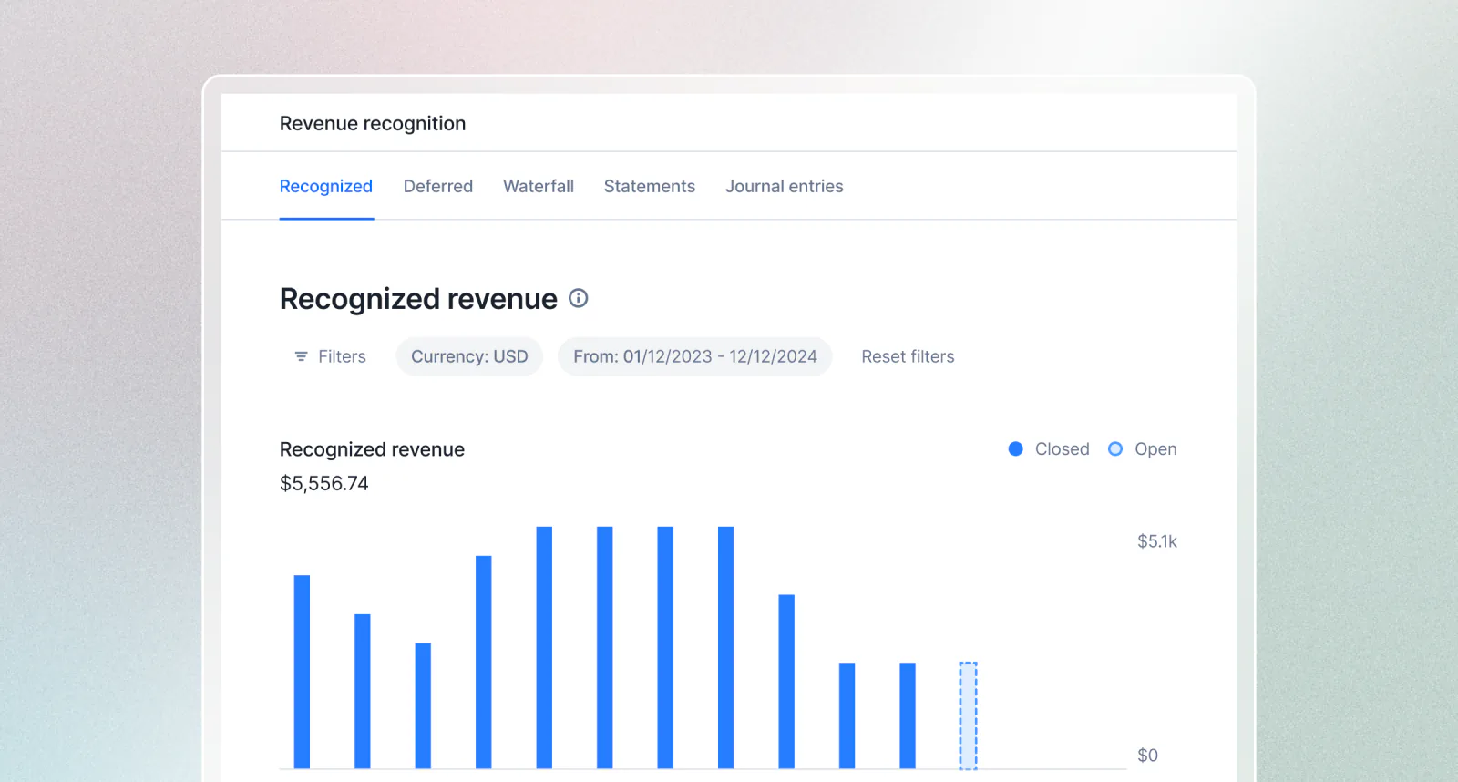 Lago revenue recognition report showing recognized and deferred revenue by period.