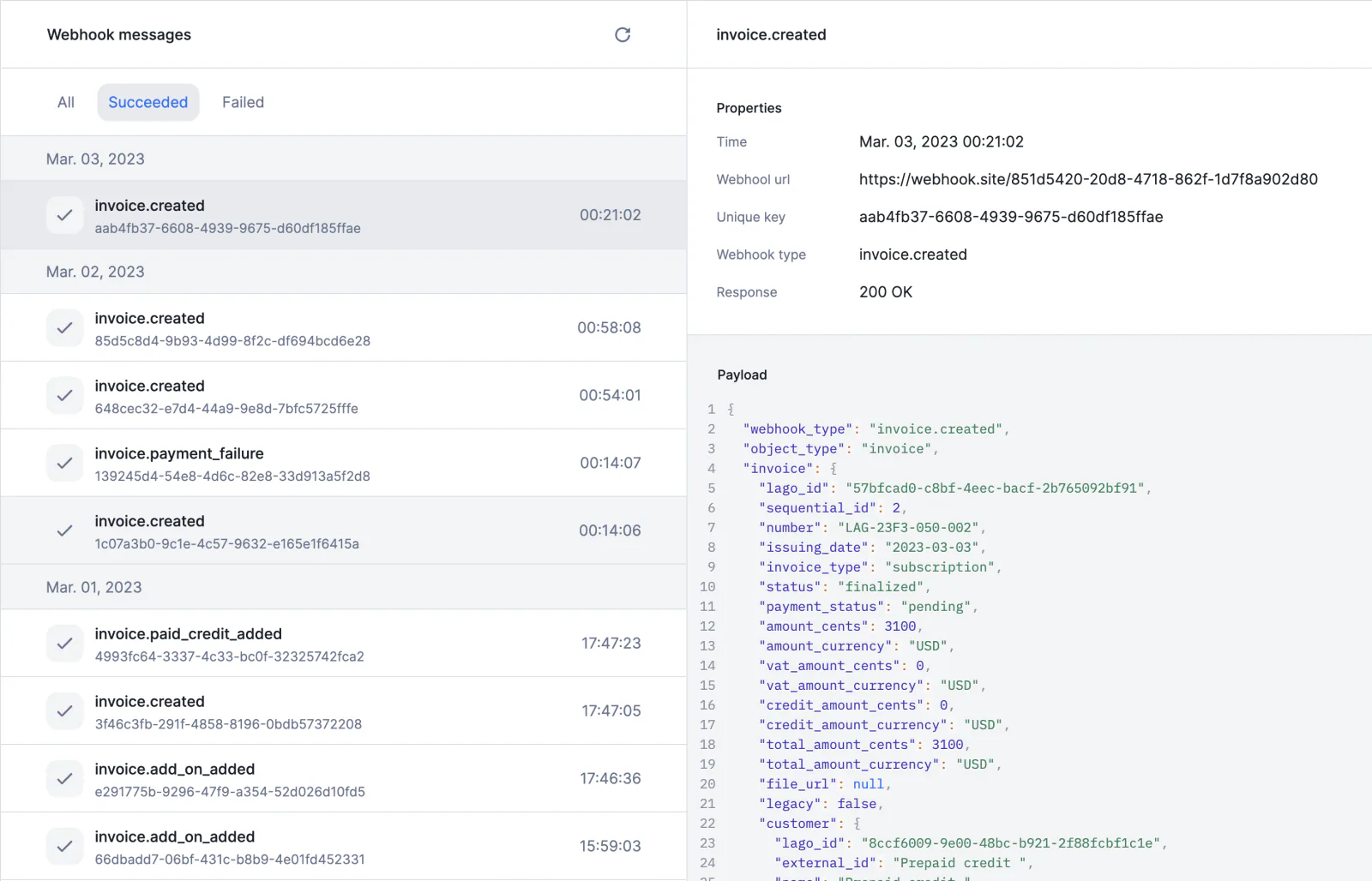 Lago webhook logs listing sent messages and their delivery status.