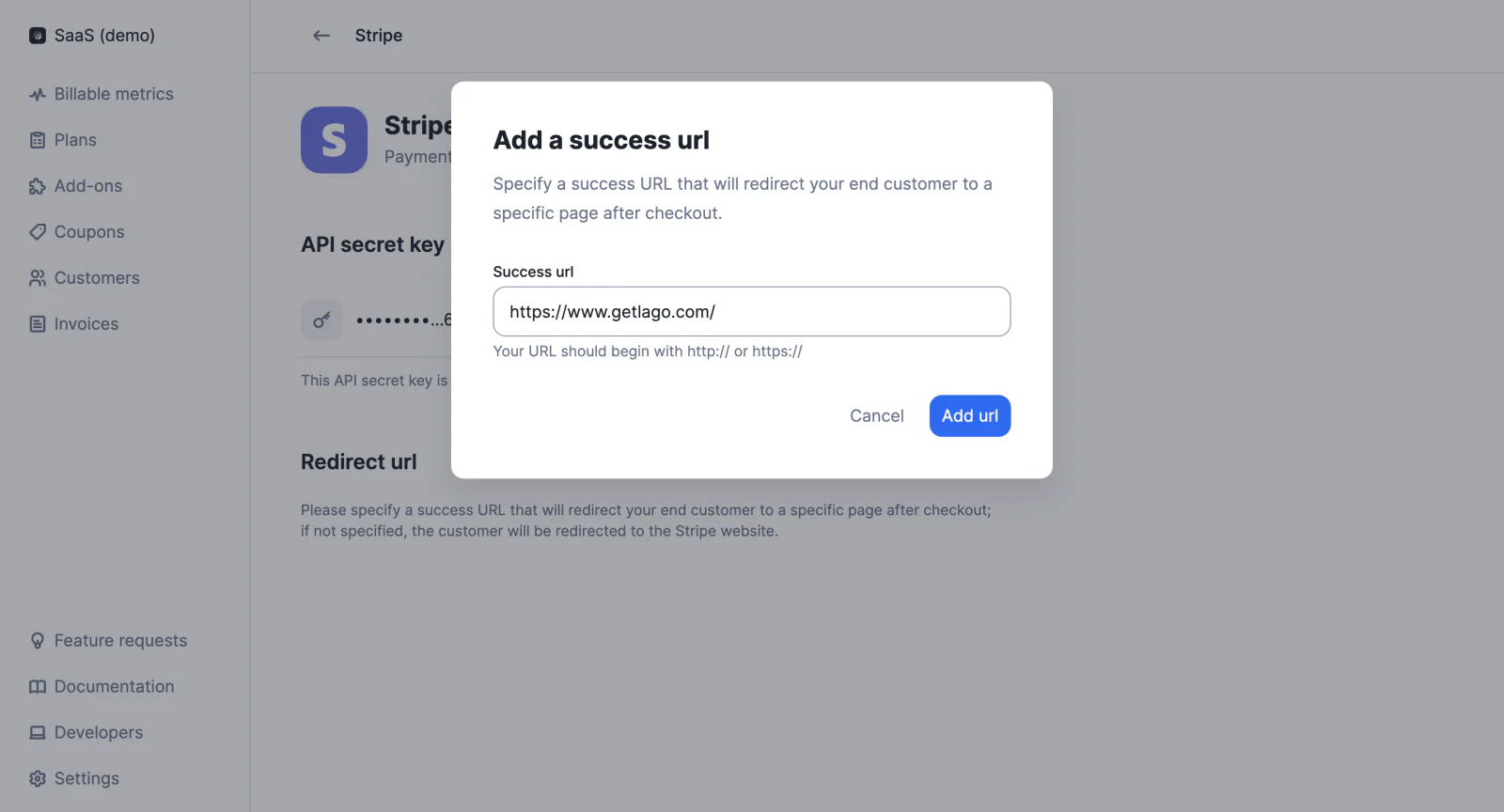 Lago payment configuration with a custom success URL.