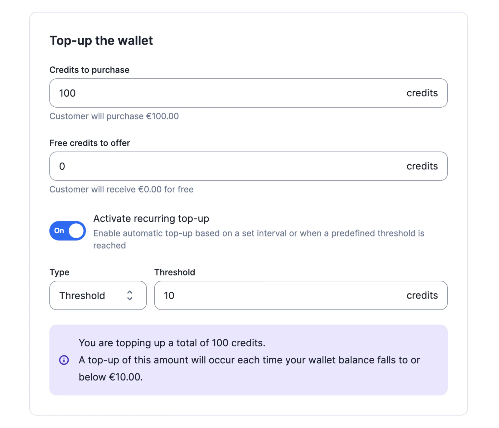 Lago wallet configured for automatic top-ups.