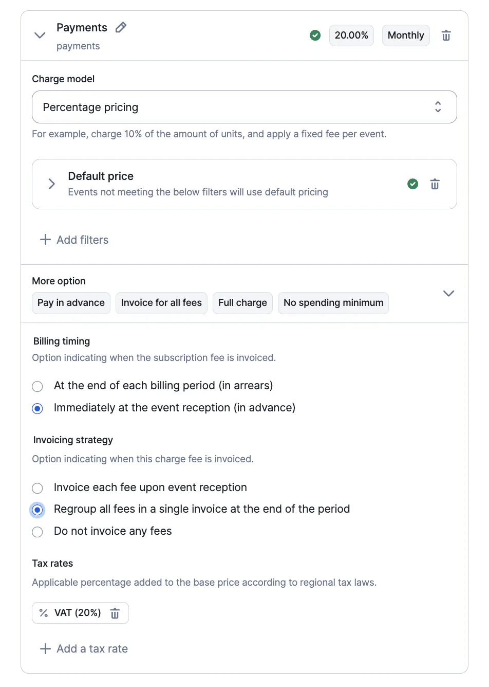 Lago invoicing options for instant charges.
