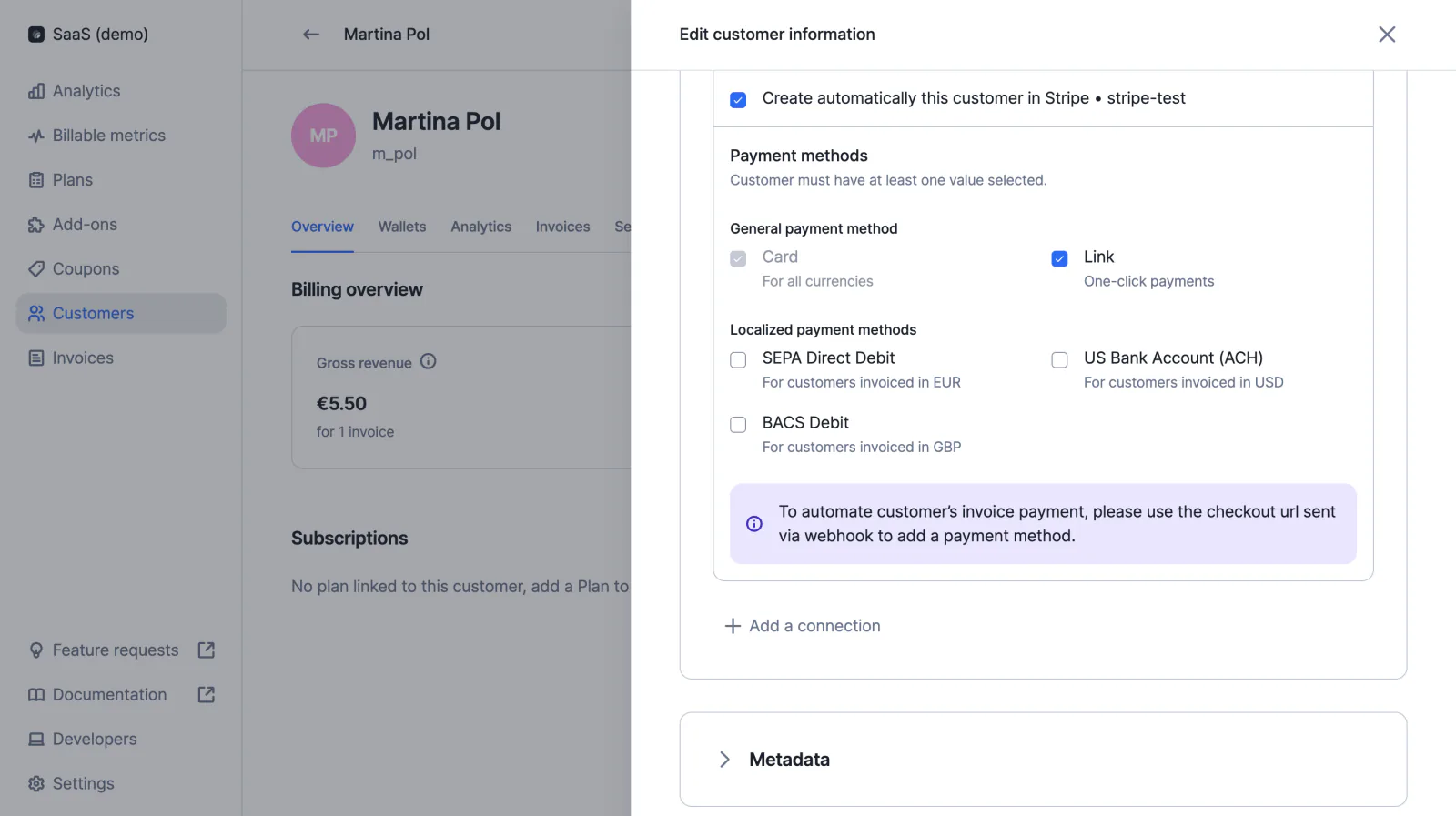 Stripe Link checkout enabled on a Lago card payment.