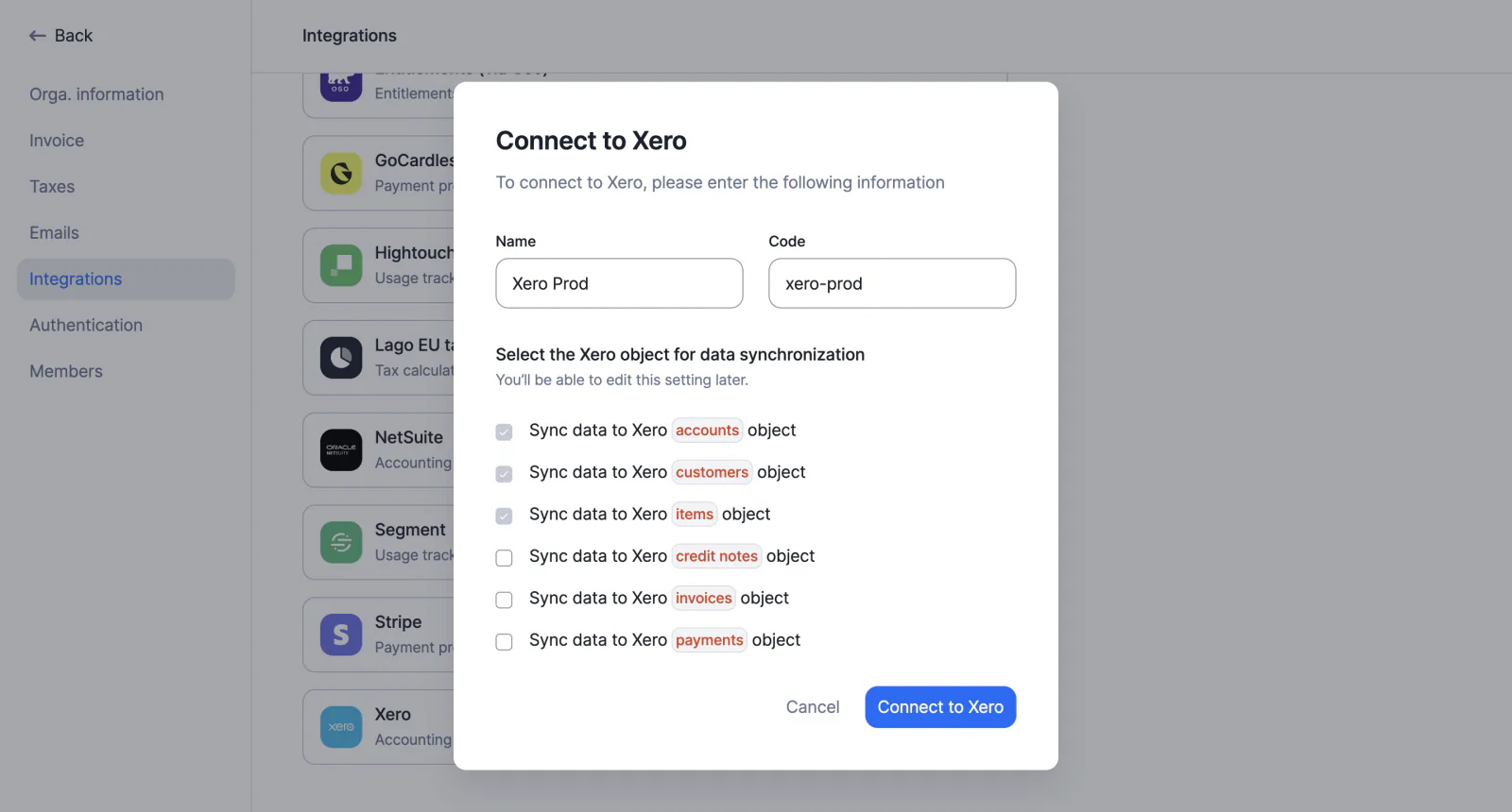 Lago connected to Xero for accounting synchronization.
