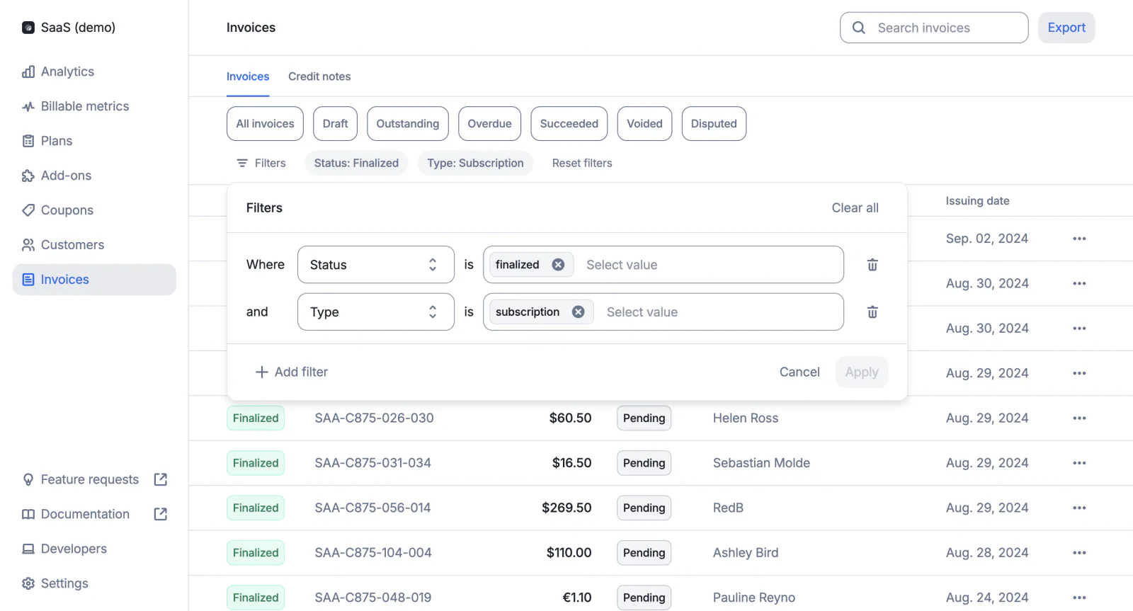Lago invoice list filtered and ready to export.