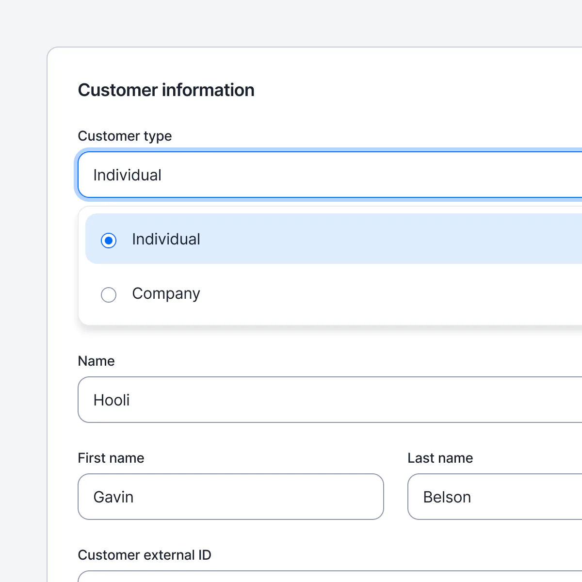 Lago customer record set to a company or individual customer type.