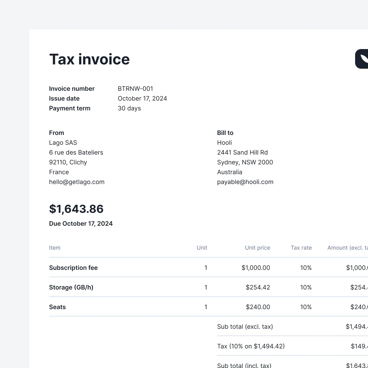 Lago tax invoice formatted for local compliance requirements.