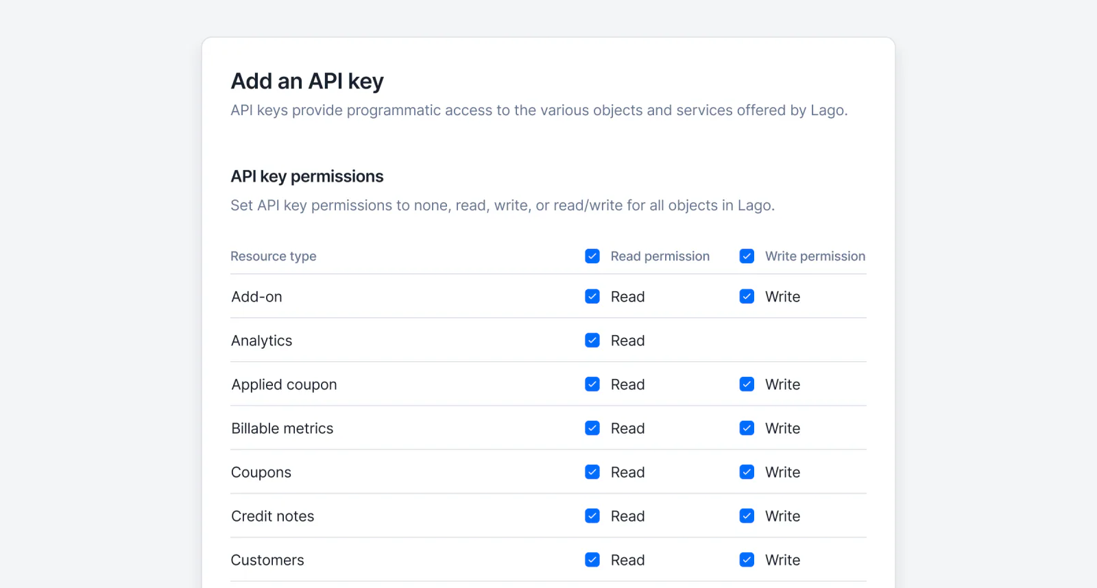 Lago API key with read and write permissions configured per resource.