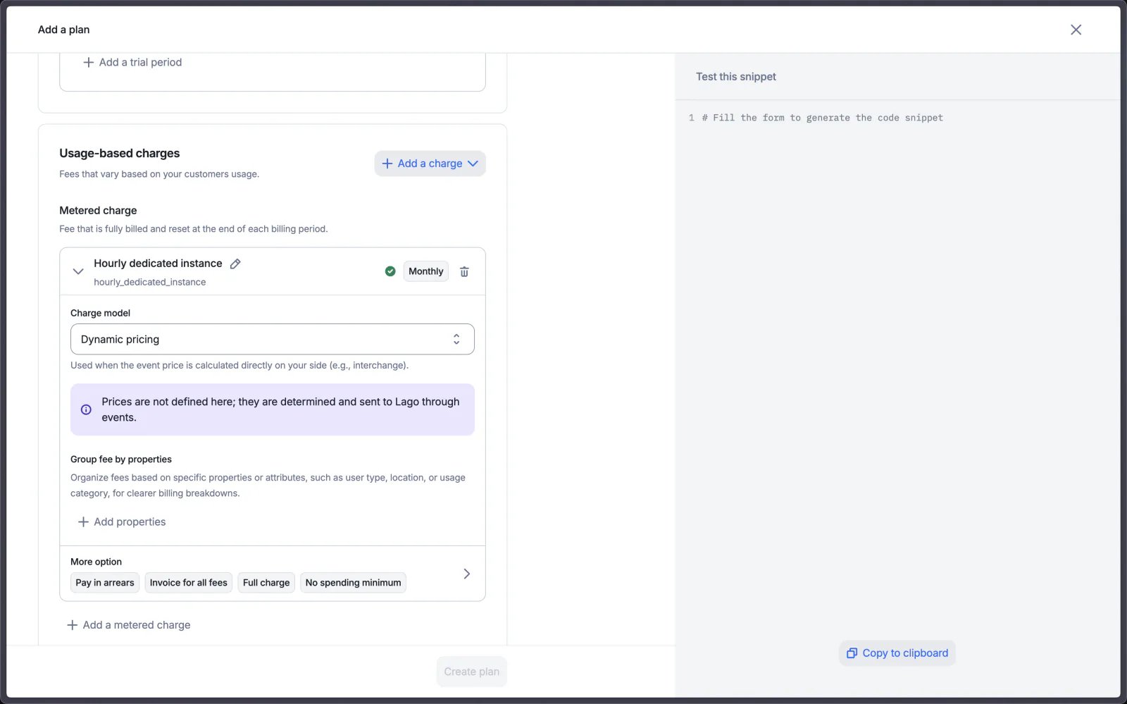 Lago charge using dynamic pricing driven by event properties.
