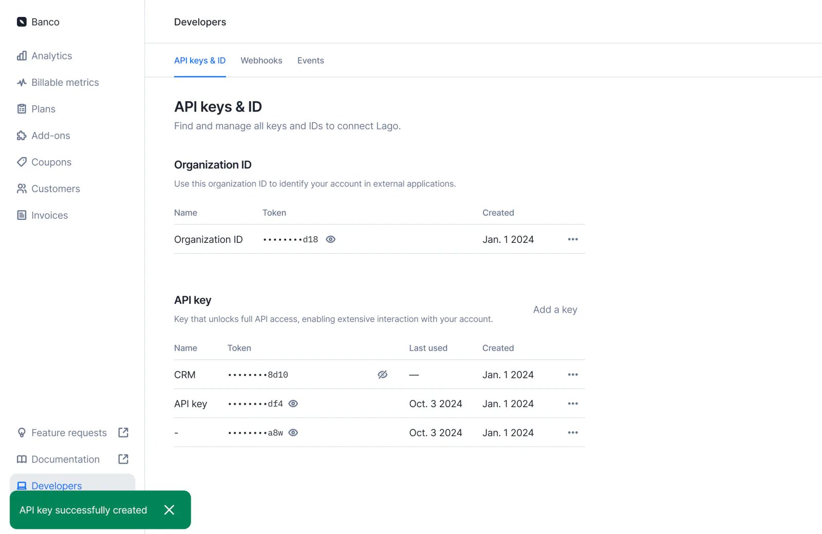 Lago developer settings creating a new API key.